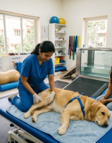 Expert dog physiotherapy session with therapist supporting canine recovery.