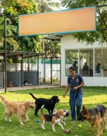 Pet boarding Bangalore with happy dogs in a secure play area