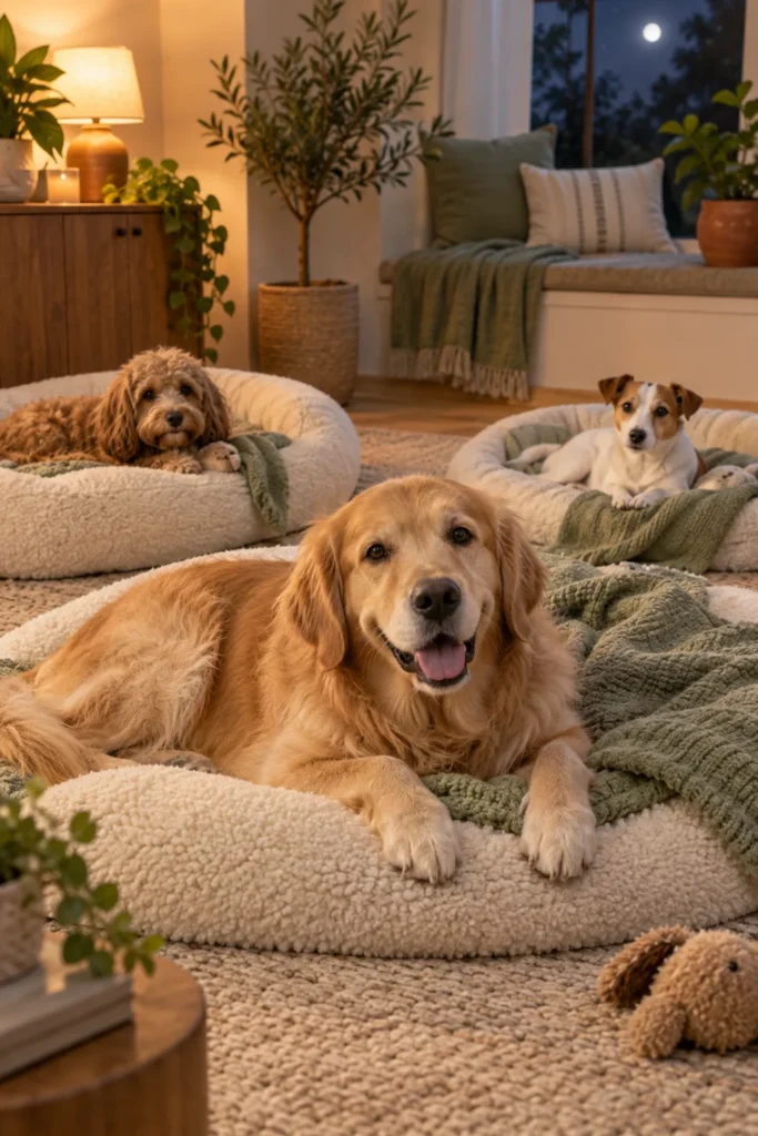 Dogs relaxing in a cozy home-like indoor boarding environment